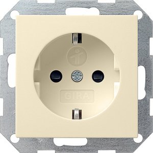 Фото Gira System55 045301 Розетка с заземляющим контактом (16 А, под рамку, шторки, пиктограмма, скрытая установка, кремовая глянцевая)