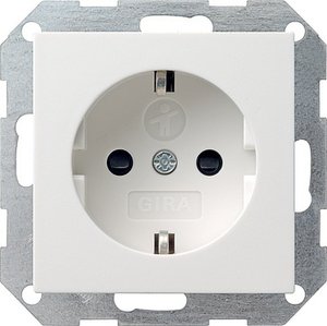 Фото Gira System55 045327 Розетка с заземляющим контактом (16 А, под рамку, шторки, пиктограмма, скрытая установка, белая матовая)