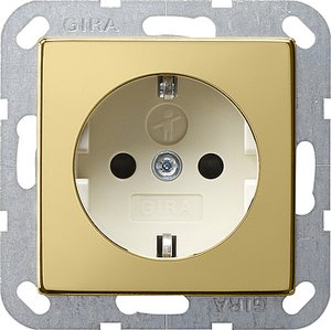 Фото Gira System55 0453614 Розетка с заземляющим контактом (16 А, под рамку, шторки, пиктограмма, скрытая установка, латунь-кремовый)