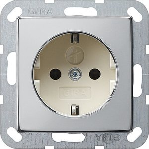Фото Gira System55 0453615 Розетка с заземляющим контактом (16 А, под рамку, шторки, пиктограмма, скрытая установка, хром-кремовый)