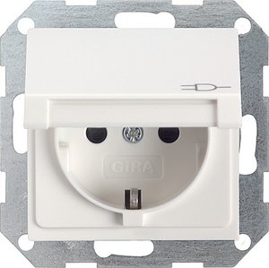 Фото Gira System55 041427 Розетка с заземляющим контактом (16 А, под рамку, шторки, крышка, пиктограмма, скрытая установка, белая матовая)