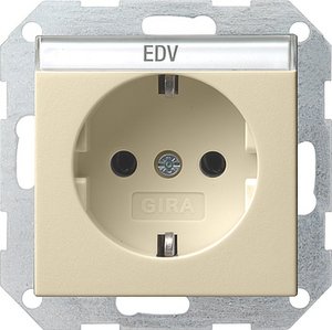 Фото Gira System55 045701 Розетка с заземляющим контактом (16 А, под рамку, надпись, скрытая установка, кремовая глянцевая)