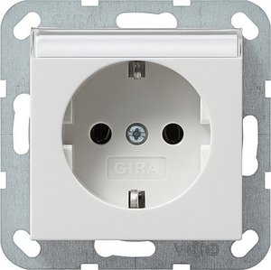 Фото Gira System55 045703 Розетка с заземляющим контактом (16 А, под рамку, надпись, скрытая установка, белая глянцевая)