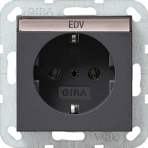 Фото Gira System55 045728 Розетка с заземляющим контактом (16 А, под рамку, надпись, скрытая установка, антрацит)