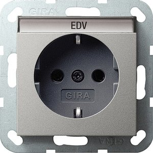Фото Gira System55 0457600 Розетка с заземляющим контактом (16 А, под рамку, надпись, скрытая установка, сталь)