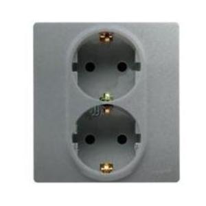 Фото Legrand Etika 672433 Розетка двойная с заземляющим контактом (16 А, в сборе, шторки, скрытая установка, алюминий)
