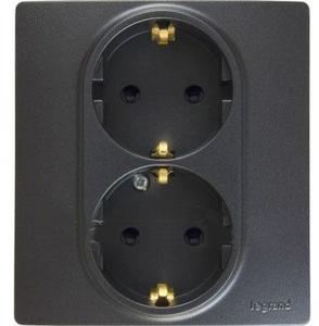 Фото Legrand Etika 672633 Розетка двойная с заземляющим контактом (16 А, в сборе, шторки, скрытая установка, антрацит)