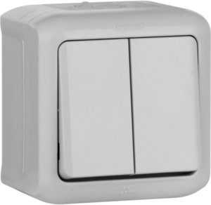 Фото Legrand Quteo 782332 Выключатель двухклавишный (10 А, в сборе, открытая установка, IP44, серый)