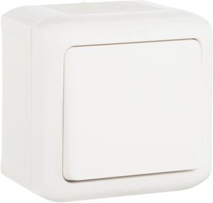 Фото Legrand Quteo 782305 Выключатель одноклавишный кнопочный без фиксации (6 А, с возм. подсветки, в сборе, открытая установка, IP44, белый)