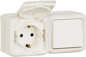 Фото Legrand Quteo 782318 Блок комбинированный (1 кл.+1 роз., 10+16 А, в сборе, открытая установка, з/к, шторки, крышка, белый)
