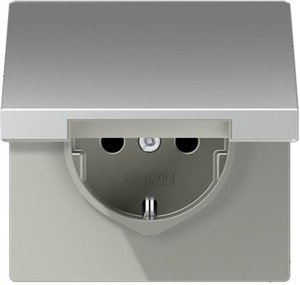 Фото Jung LS metal AL2520KLKI Розетка с заземляющим контактом и шторками (16 А, под рамку, крышка, скрытая установка, алюминий)