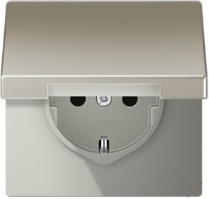 Фото Jung LS metal ES2520KLKI Розетка с заземляющим контактом и шторками (16 А, под рамку, крышка, скрытая установка, сталь)