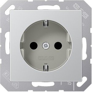 Фото Jung A500 A520KIAL Розетка с заземляющим контактом и шторками (16 А, под рамку, скрытая установка, алюминий)
