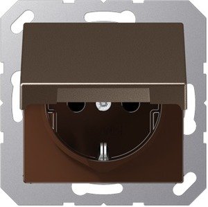 Фото Jung A1520BFKLMO Розетка с заземляющим контактом (16 А, под рамку, ударопрочная, крышка, скрытая установка, мокко)