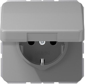 Фото Jung CD500 CD1520BFKIKLGR Розетка с заземляющим контактом (16 А, под рамку, крышка, шторки, скрытая установка, серая)
