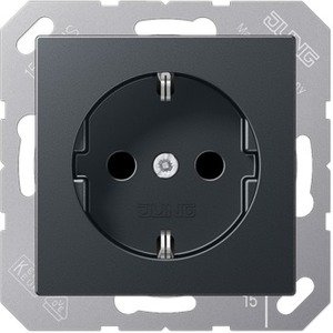 Фото Jung A1520BFKIANM Розетка с заземляющим контактом (16 А, под рамку, шторки, ударопрочная, скрытая установка, матовый антрацит)