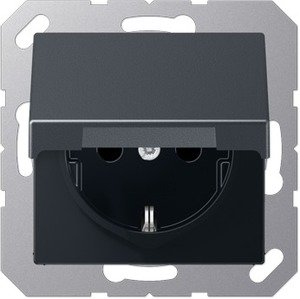 Фото Jung A1520BFKLANM Розетка с заземляющим контактом (16 А, под рамку, ударопрочная, крышка, скрытая установка, матовый антрацит)