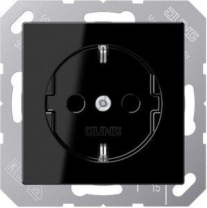 Фото Jung A500 A1520KISW Розетка с заземляющим контактом и шторками (16 А, под рамку, скрытая установка, черная)