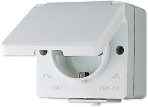 Фото Jung WG600 620W Розетка с заземляющим контактом и крышкой (16 А, в сборе, открытая установка, серая)