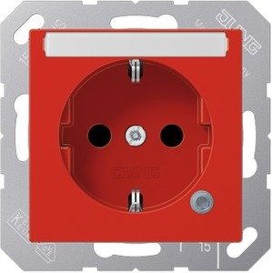 Фото Jung A1520BFNAKORT Розетка с заземляющим контактом и шторками (16 А, под рамку, поле для надписи, скрытая установка, красный)
