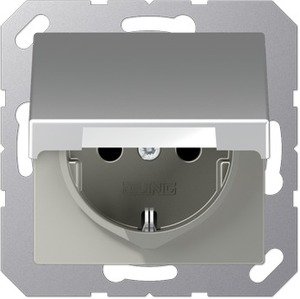 Фото Jung A500 A1520BFKIKLAL Розетка с заземляющим контактом (16 А, под рамку, крышка, шторки, скрытая установка, алюминий)