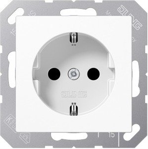 Фото Jung A520KIBFWW Розетка с заземляющим контактом (16 А, под рамку, шторки, скрытая установка, белая)