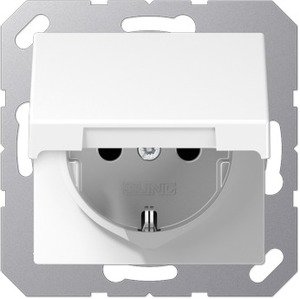 Фото Jung A500 A1521KLWW Розетка с заземляющим контактом и крышкой (16 А, под рамку, скрытая установка, белая)