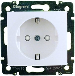 Фото Legrand Valena 694269 Розетка с заземляющим контактом (16 А, под рамку, скрытая установка, шторки, белый)