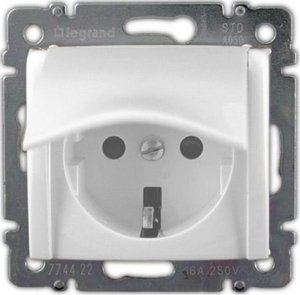 Фото Legrand Valena 694270 Розетка с заземляющим контактом (16 А, под рамку, скрытая установка, шторки, крышка, белый)