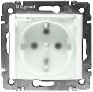 Фото Legrand Valena 774220 Розетка с заземляющим контактом (16 А, IP44, под рамку, скрытая установка, шторки, крышка, белый)