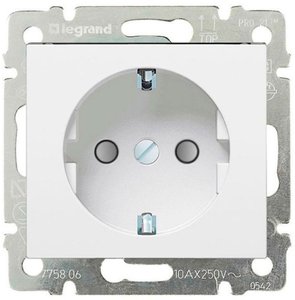 Фото Legrand Valena 774222 Розетка с заземляющим контактом (16 А, под рамку, скрытая установка, шторки, белый)