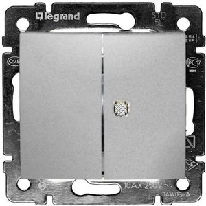 Фото Legrand Valena 770145 Выключатель двухклавишный (10 А, индикация, под рамку, с/у, алюминий)