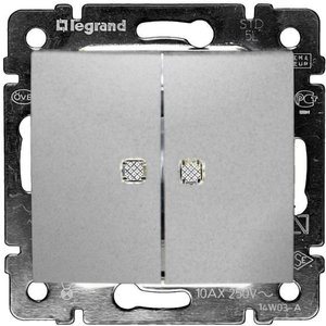 Фото Legrand Valena 770212 Переключатель двухклавишный (10 А, подсветка, под рамку, с/у, алюминий)