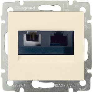Фото Legrand Valena 774180 Розетка комбинированная (RJ11+RJ45, UTP, Cat.6e, под рамку, скрытая установка, слоновая кость)