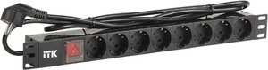 Фото IEK PH12-8D1-P ITK PDU Блок: 8 розеток, с выкл. 1U каб.2м, вилка ПВХ чер., немецкий стандарт