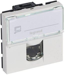 Фото Legrand Mosaic 076576 Розетка компьютерная (RJ45, Cat.6A, STP/FTP, под рамку, скрытая установка, 2 модуля, белый)