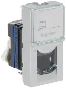 Фото Legrand Mosaic 079462 Розетка компьютерная (RJ45, Cat.6, FTP, алюм. панель, под рамку, скрытая установка, 1 модуль, алюминий)