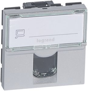 Фото Legrand Mosaic 079465 Розетка компьютерная (RJ45, Cat.6, FTP, алюм. панель, под рамку, скрытая установка, 2 модуля, алюминий)