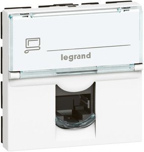 Фото Legrand Mosaic 076554 Розетка компьютерная (RJ45, Cat.5E, UTP, под рамку, скрытая установка, 2 модуля, белая)