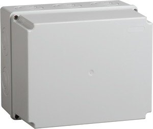 Фото IEK UKO10-240-195-165-K41-55 Коробка КМ41274 распаячная для о/п 240х195х165 мм IP55 (RAL7035, кабельные вводы 5 шт)