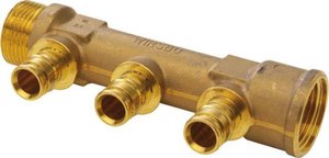 Фото Uponor O&E 1023028 Коллектор (3/4" ВР/НР, 3 x Ø 16мм пресс, латунь)