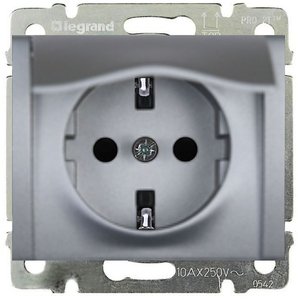 Фото Legrand Galea Life 771364 Розетка с заземляющим контактом (16 А, под рамку, шторки, крышка, скрытая установка, aluminium)