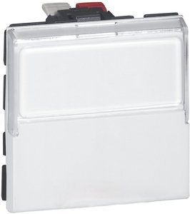 Фото Legrand Mosaic 077043 Выключатель кнопочный перекрестный (6 А, 2 модуля, держатель этикеток, под рамку, с/у, белый)