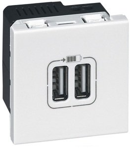 Фото Legrand Mosaic 077594 Розетка USB (2хUSB, под рамку, скрытая установка, 2 модуля, белая)