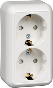 Фото Schneider Electric Прима RA16-214M-BI Розетка двойная с заземляющим контактом (16 А, IP20, в сборе, открытая установка, шторки, белая)