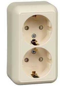 Фото Schneider Electric Прима RA16-214-SI Розетка двойная с заземляющим контактом (16 А, IP20, в сборе, открытая установка, шторки, слоновая кость)