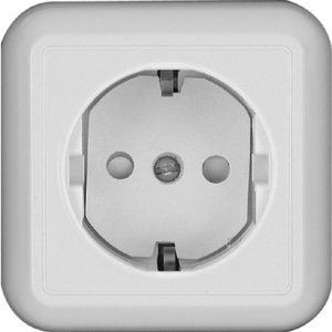 Фото Schneider Electric Прима RA16-003-1I-B Розетка одинарная с заземляющим контактом (16 А, IP20, в сборе, открытая установка, шторки, белая)
