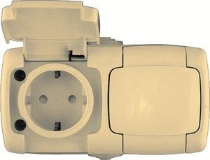 Фото Schneider Electric Рондо RA16-227B-SI Розетка двойная с заземляющим контактом (16 А, IP44, в сборе, открытая установка, шторки, крышка, слоновая кость)