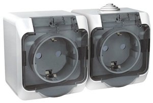 Фото Schneider Electric Этюд PA16-244B Розетка двойная с заземляющим контактом (16 А, IP20, в сборе, открытая установка, шторки, крышка, белая)