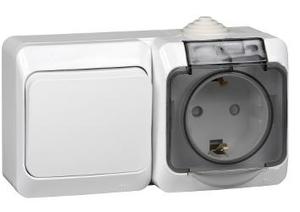 Фото Schneider Electric Этюд BPA16-246B Блок комбинированный (1 кл.+1 роз., 16 А, в сборе, открытая установка, з/к, шторки, крышка, IP44, белый)